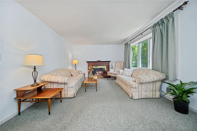 10 Meadowland Dr, North Kingstown, RI 02852 - living room with carpet flooring, a brick fireplace, and baseboards