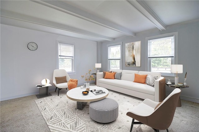 222 Second St, East Providence, RI 02865 - living room featuring healthy amount of natural light, beam ceiling, baseboards, and carpet flooring
