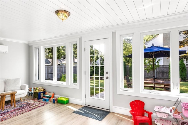 7 Massasoit Ave, Pawtucket, RI 02861 - entryway featuring ornamental molding, wood finished floors, wooden ceiling, baseboards, and a wall mounted AC