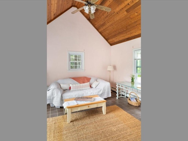 tiled living area with healthy amount of natural light, high vaulted ceiling, ceiling fan, and wooden ceiling