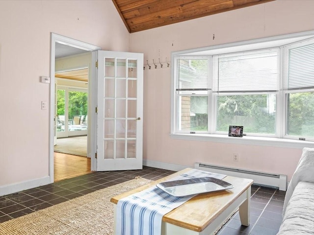 tiled living room with a baseboard radiator, baseboards, vaulted ceiling, and wooden ceiling