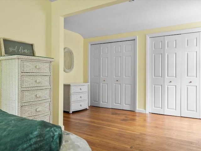 bedroom with multiple closets and wood finished floors