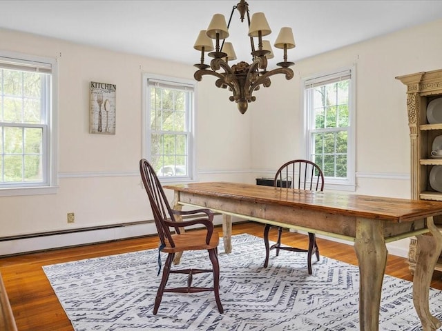 dining area with healthy amount of natural light, a chandelier, and wood finished floors