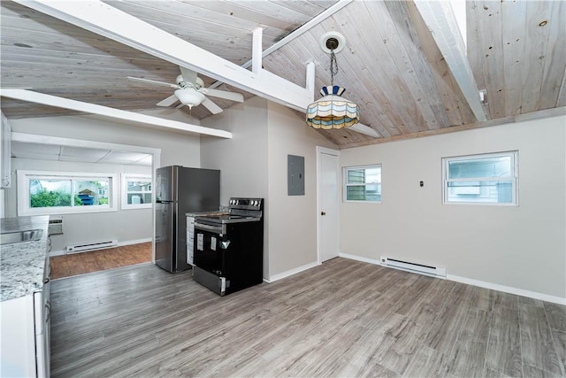 46 E Andrew Comstock Rd, Warwick, RI 02886 - kitchen with stainless steel appliances, baseboard heating, electric panel, light countertops, and wooden ceiling