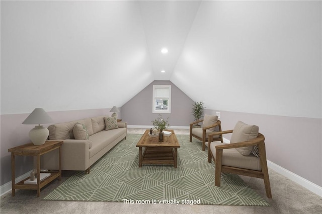 1351 Pippin Orchard Rd, Cranston, RI 02921 - living room featuring lofted ceiling, baseboards, recessed lighting, and carpet floors