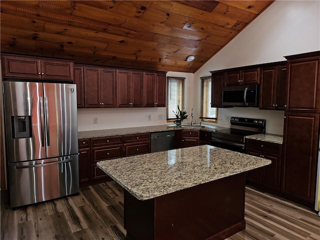 121 Friendship St, North Providence, RI 02904 - kitchen featuring stainless steel appliances, dark wood-style floors, wood ceiling, light stone countertops, and a center island