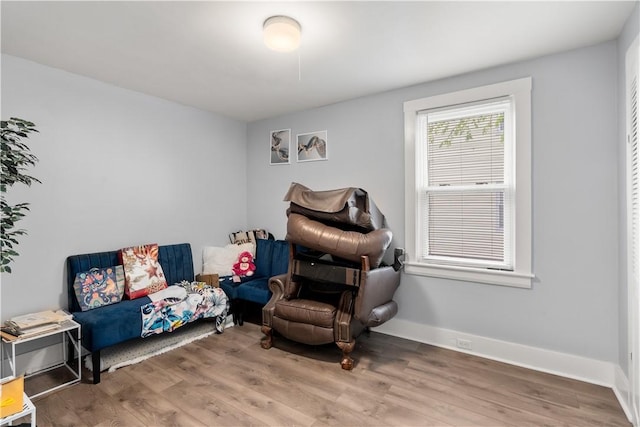 living area featuring wood finished floors and baseboards