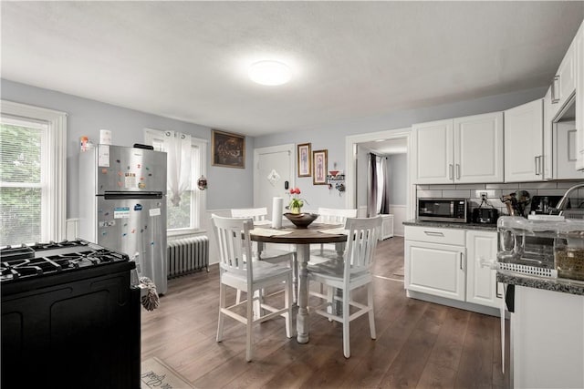 kitchen featuring stainless steel appliances, radiator heating unit, healthy amount of natural light, and dark wood-type flooring
