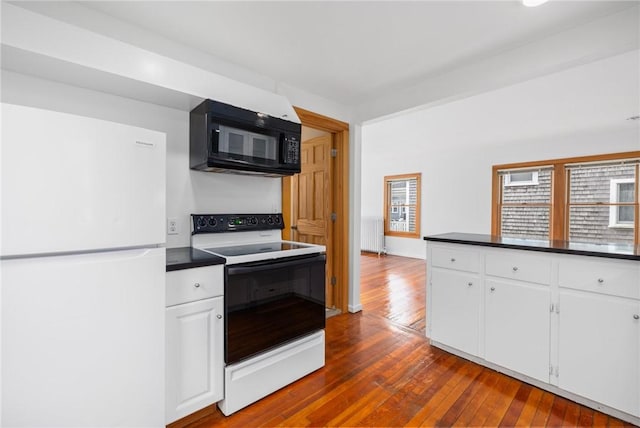 10 Curry Ave, Newport, RI 02840 - kitchen featuring freestanding refrigerator, black microwave, electric range oven, radiator heating unit, and dark countertops