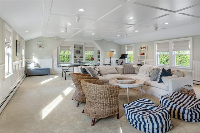15 Rumstick Dr, Barrington, RI 02806 - living room with carpet flooring, a decorative wall, baseboard heating, coffered ceiling, and recessed lighting