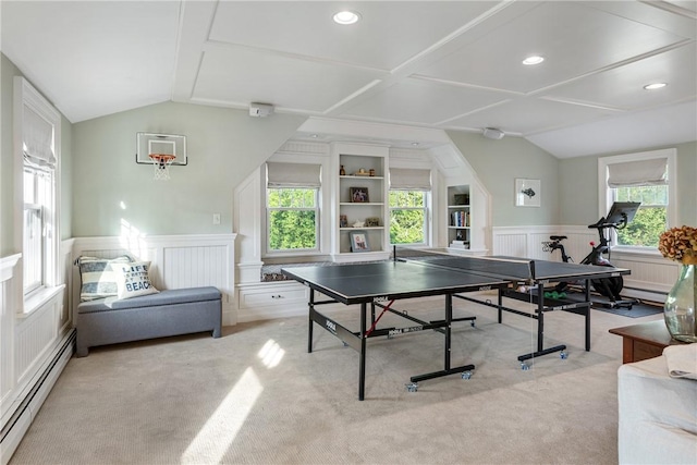 15 Rumstick Dr, Barrington, RI 02806 - playroom with baseboard heating, lofted ceiling, wainscoting, healthy amount of natural light, and light colored carpet
