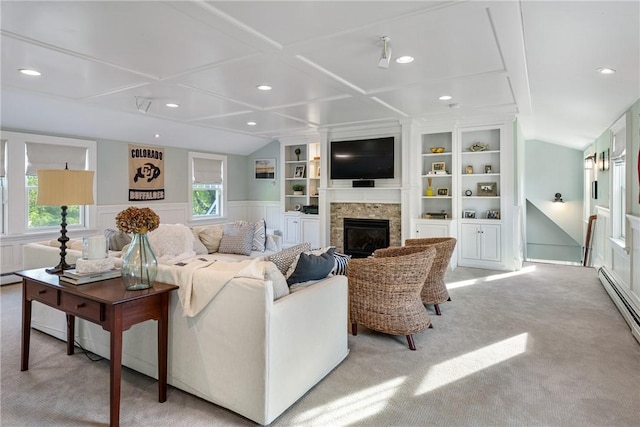 15 Rumstick Dr, Barrington, RI 02806 - living room featuring a fireplace, carpet flooring, recessed lighting, baseboard heating, and a wainscoted wall
