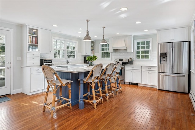 15 Rumstick Dr, Barrington, RI 02806 - kitchen featuring appliances with stainless steel finishes, custom exhaust hood, light wood-style flooring, white cabinets, and ornamental molding