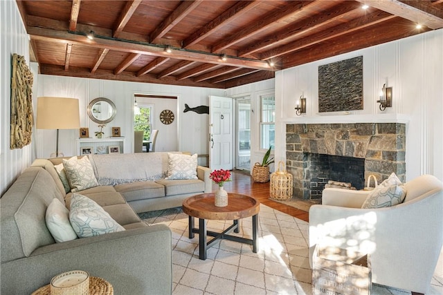 15 Rumstick Dr, Barrington, RI 02806 - living room featuring a fireplace and wood ceiling with exposed beams