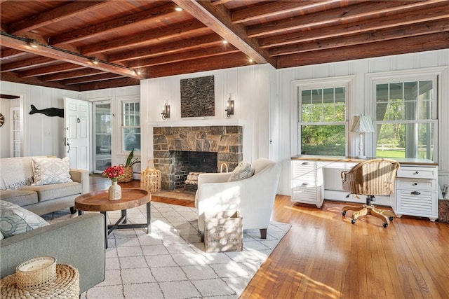 15 Rumstick Dr, Barrington, RI 02806 - living room featuring hardwood / wood-style floors, an office area, a stone fireplace, and wooden ceiling with exposed beams