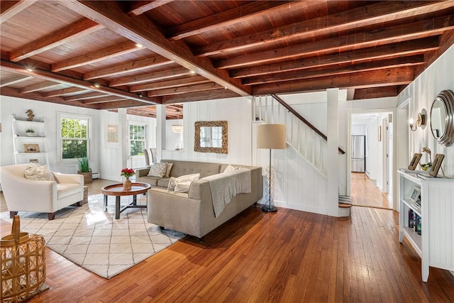 15 Rumstick Dr, Barrington, RI 02806 - living area featuring hardwood / wood-style flooring, stairs, wooden ceiling with exposed beams, and wooden walls