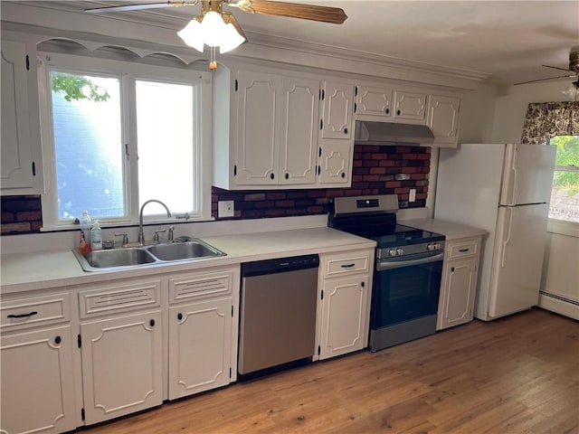 30 Japonica St, Pawtucket, RI 02860 - kitchen with appliances with stainless steel finishes, ceiling fan, a sink, white cabinetry, and under cabinet range hood