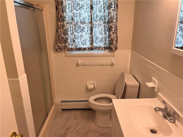 30 Japonica St, Pawtucket, RI 02860 - full bathroom with a baseboard radiator, a stall shower, toilet, tile walls, and marble finish floors