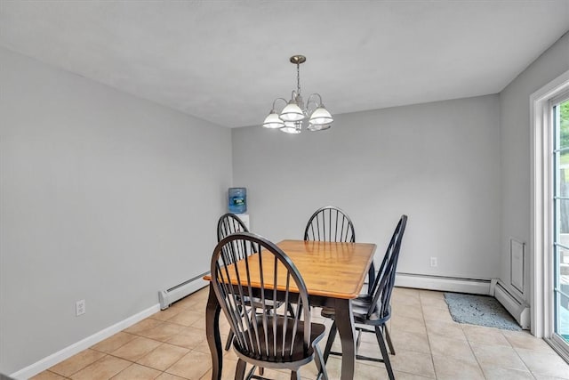 23 Blissdale Ave, Cumberland, RI 02864 - dining area featuring a chandelier, light tile patterned flooring, baseboards, and a baseboard heating unit