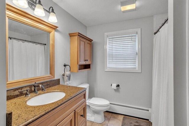 23 Blissdale Ave, Cumberland, RI 02864 - bathroom featuring a baseboard heating unit, vanity, toilet, tile patterned floors, and a shower with curtain