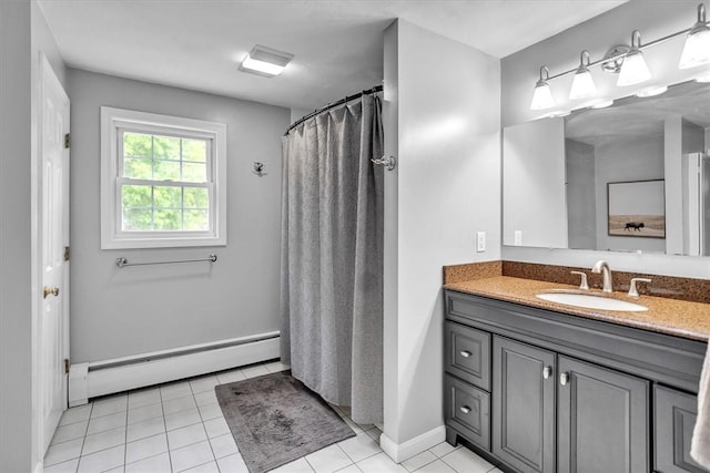23 Blissdale Ave, Cumberland, RI 02864 - full bathroom featuring a baseboard heating unit, vanity, tile patterned floors, baseboards, and curtained shower