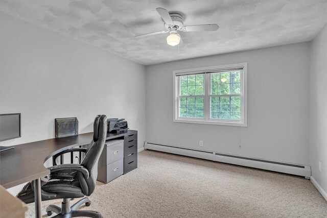23 Blissdale Ave, Cumberland, RI 02864 - office area with a baseboard heating unit, a ceiling fan, carpet, and baseboards
