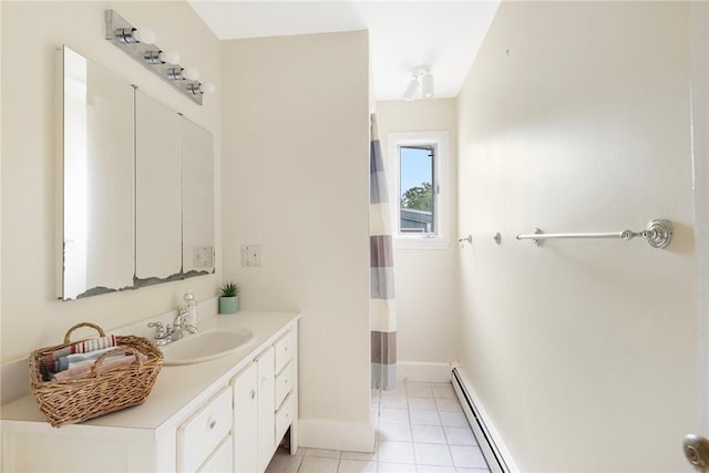 19 S Locust Ave, North Providence, RI 02911 - bathroom with vanity, tile patterned flooring, baseboards, a baseboard heating unit, and a shower with curtain
