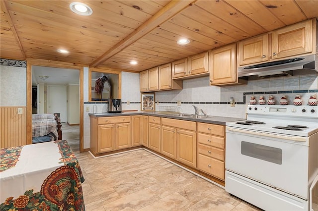 19 S Locust Ave, North Providence, RI 02911 - kitchen featuring white electric range oven, under cabinet range hood, wood ceiling, a sink, and light brown cabinetry