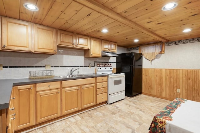19 S Locust Ave, North Providence, RI 02911 - kitchen with white range with electric cooktop, under cabinet range hood, a sink, freestanding refrigerator, and wooden ceiling