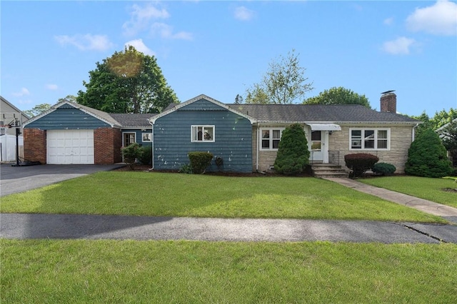 19 S Locust Ave, North Providence, RI 02911 - single story home featuring a chimney, a garage, asphalt driveway, and a front lawn