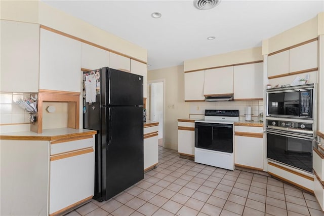 19 S Locust Ave, North Providence, RI 02911 - kitchen with black appliances, backsplash, light countertops, extractor fan, and white cabinetry