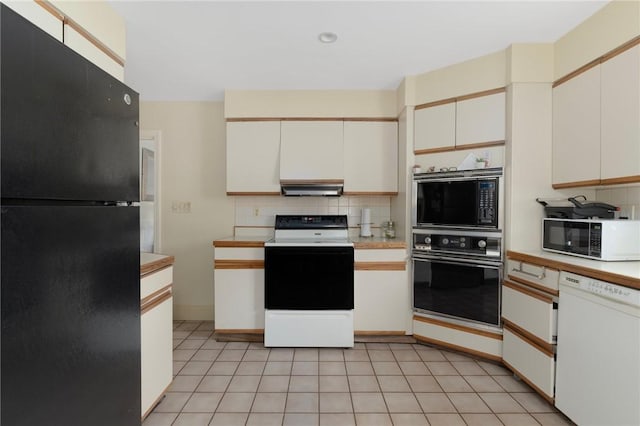 19 S Locust Ave, North Providence, RI 02911 - kitchen featuring black appliances, tasteful backsplash, light countertops, range hood, and white cabinetry