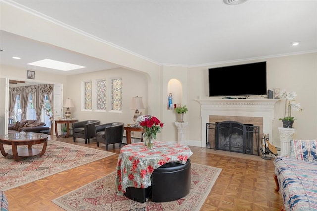 19 S Locust Ave, North Providence, RI 02911 - living area with recessed lighting, a fireplace, and crown molding