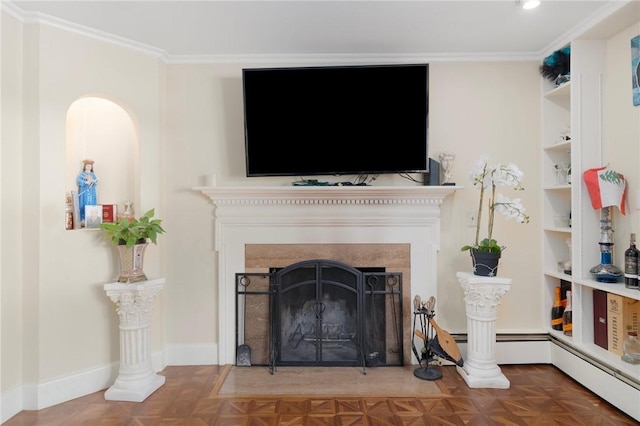 19 S Locust Ave, North Providence, RI 02911 - detailed view of crown molding, a fireplace with flush hearth, baseboards, and a baseboard heating unit