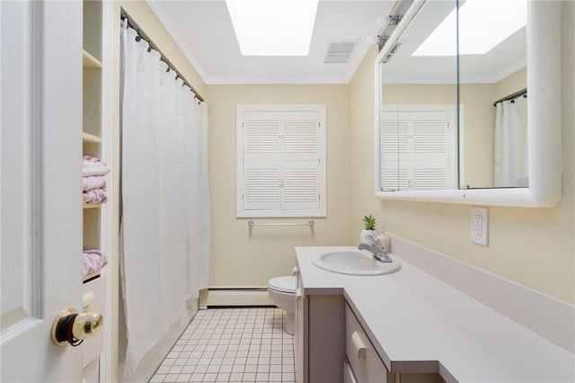 19 S Locust Ave, North Providence, RI 02911 - bathroom featuring a baseboard heating unit, toilet, vanity, tile patterned flooring, and baseboards