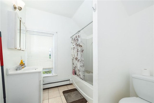 115 Division St, Pawtucket, RI 02860 - full bathroom featuring a baseboard radiator, toilet, vanity, tile patterned floors, and shower / bath combination with curtain