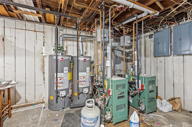 utilities featuring gas water heater, electric panel, and a heating unit