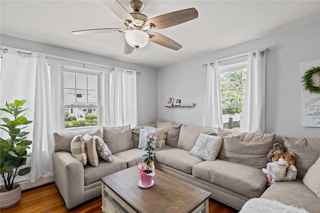 living area featuring a ceiling fan and wood finished floors
