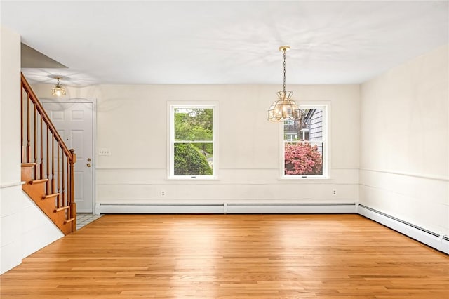 40 Wood Ave, Narragansett, RI 02882 - unfurnished dining area featuring a chandelier, light wood-style flooring, stairway, and baseboard heating