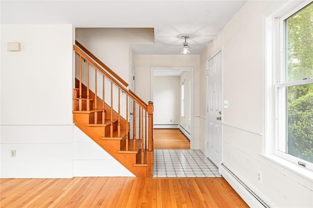 40 Wood Ave, Narragansett, RI 02882 - foyer entrance with a baseboard heating unit, hardwood / wood-style flooring, stairway, and plenty of natural light