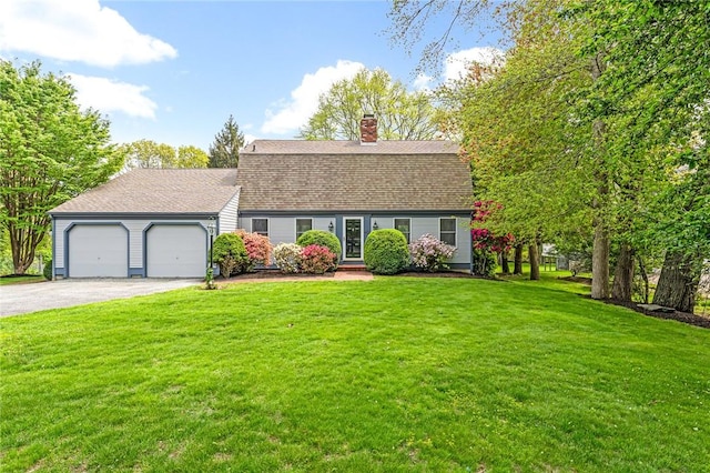 40 Wood Ave, Narragansett, RI 02882 - dutch colonial featuring a garage, asphalt driveway, a front lawn, a chimney, and a shingled roof