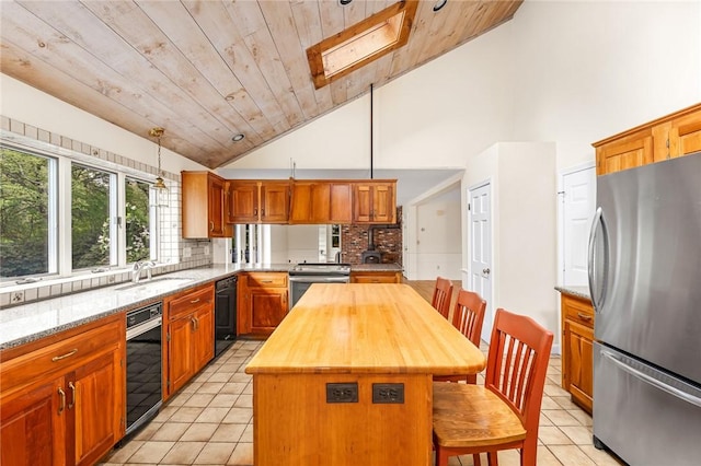 40 Wood Ave, Narragansett, RI 02882 - kitchen featuring appliances with stainless steel finishes, a sink, light tile patterned floors, wooden ceiling, and backsplash