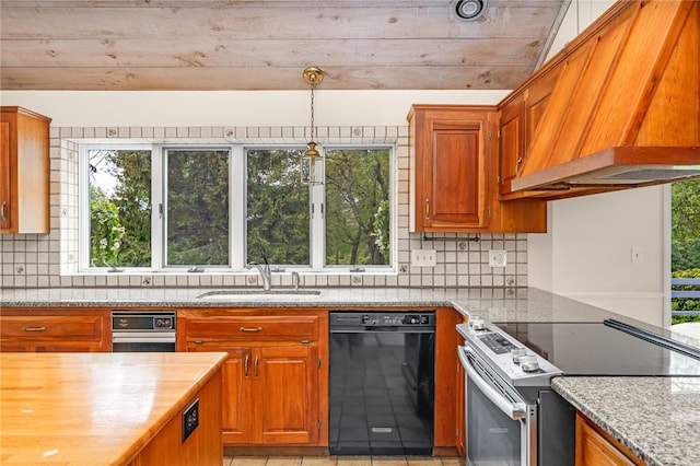 40 Wood Ave, Narragansett, RI 02882 - kitchen with stainless steel range with electric stovetop, dishwasher, premium range hood, a sink, and backsplash