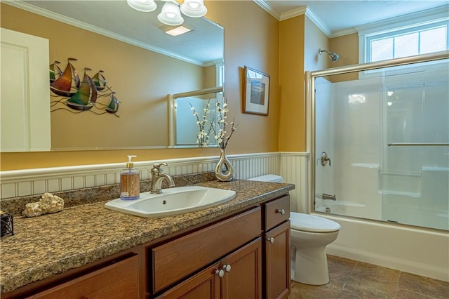 500 Mendon Rd Unit 116, Cumberland, RI 02864 - bathroom featuring vanity, ornamental molding, shower / bath combination with glass door, and wainscoting
