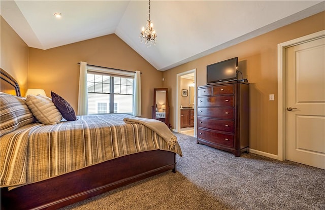 500 Mendon Rd Unit 116, Cumberland, RI 02864 - bedroom featuring a chandelier, carpet floors, vaulted ceiling, and ensuite bathroom