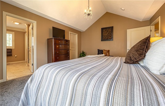500 Mendon Rd Unit 116, Cumberland, RI 02864 - bedroom with lofted ceiling, light carpet, a chandelier, light tile patterned floors, and a wall unit AC