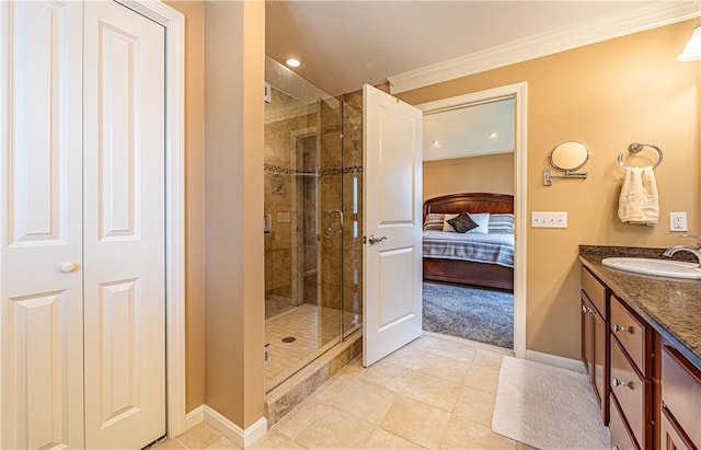 500 Mendon Rd Unit 116, Cumberland, RI 02864 - full bathroom featuring vanity, a stall shower, ornamental molding, ensuite bath, and tile patterned flooring