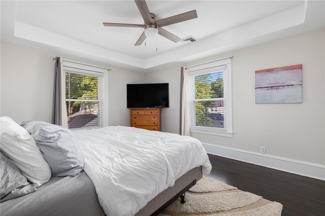 224 Raleigh Ave, Pawtucket, RI 02860 - bedroom featuring a tray ceiling, dark wood-type flooring, multiple windows, and baseboards
