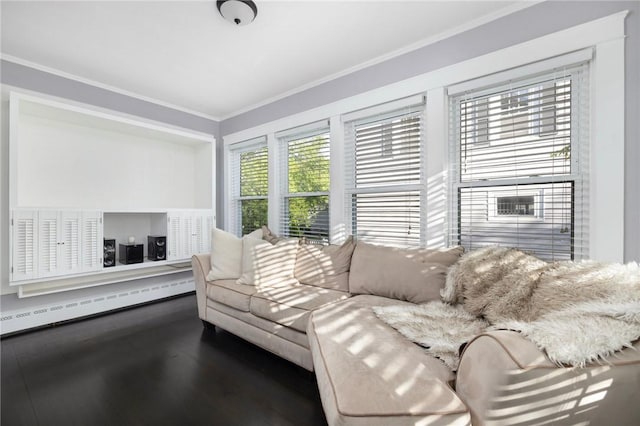 224 Raleigh Ave, Pawtucket, RI 02860 - living area with baseboard heating, crown molding, and wood finished floors