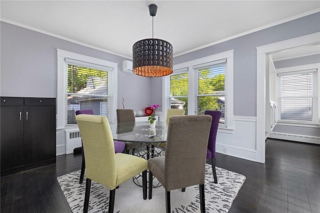 224 Raleigh Ave, Pawtucket, RI 02860 - dining area with a chandelier, a baseboard radiator, radiator heating unit, crown molding, and wood finished floors